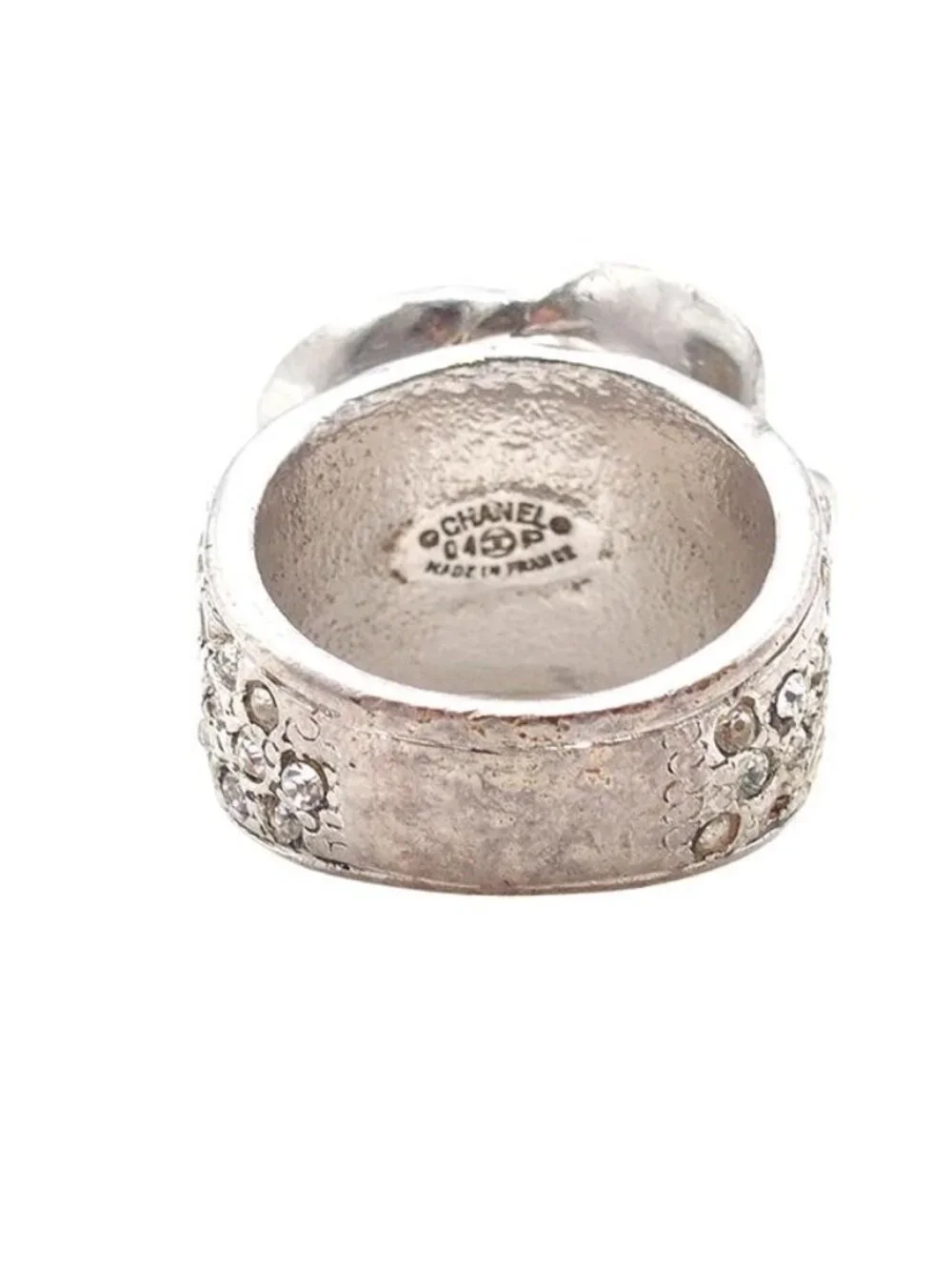 Chanel Camellia Silver Metal CC Logo Rhinestone Ring